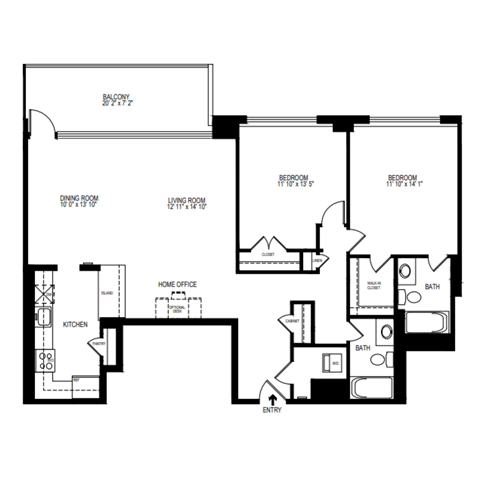 A black and white floor plan of a house with a balcony, two bedrooms, a living room, a dining room, a kitchen, a home office, and two bathrooms.